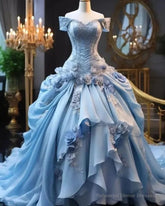 Blue Fairy 3D Floral Prom Dress Bustle Ruched Sweet 16 Ball Gown Quinceanera Dress